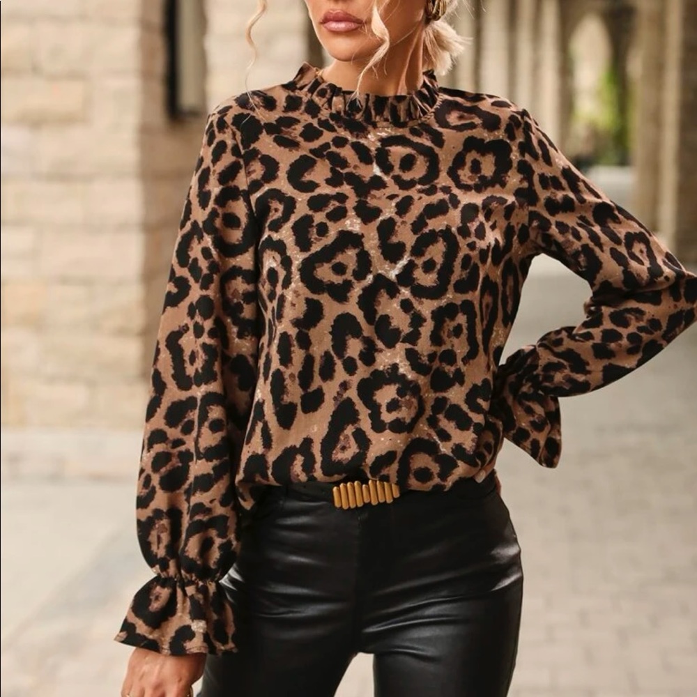 Camel black boho leopard print button up blouse - Picture 9 of 14
